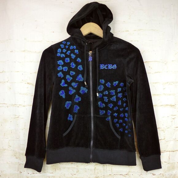 Vtg BCBGMAXAZRIA Y2K Velour Hoodie Track Jacket S Black Rhinestone Animal Spots - Picture 2 of 14